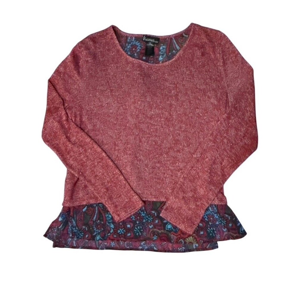 Signature Studio L Large Layered Knit Top Paisley Hem Back Zipper Sweater Boho